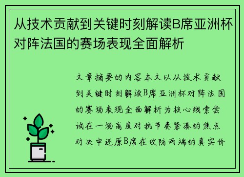 从技术贡献到关键时刻解读B席亚洲杯对阵法国的赛场表现全面解析 从技术贡献到关键时刻解读B席亚洲杯对阵法国的赛场表现全面解析